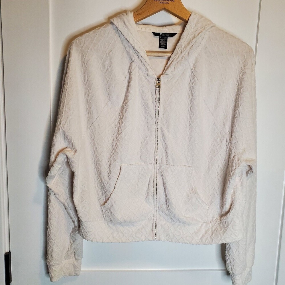 Victoria Secret On Point White Terry Hooded Jacket Full Zipper Size Medium
